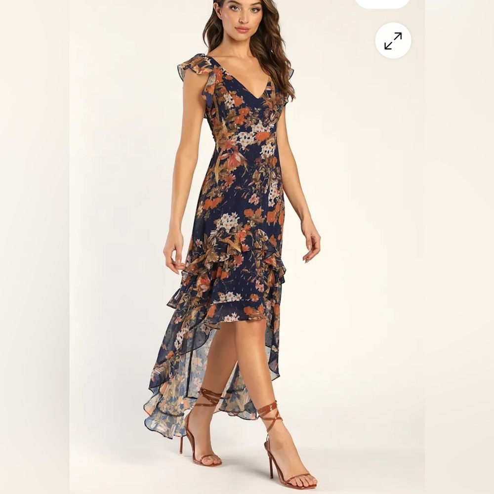 Lulu's Stunning Favorite Navy Blue Floral Ruffled High-Low Maxi Dress.NWT Size S - Picture 2 of 10